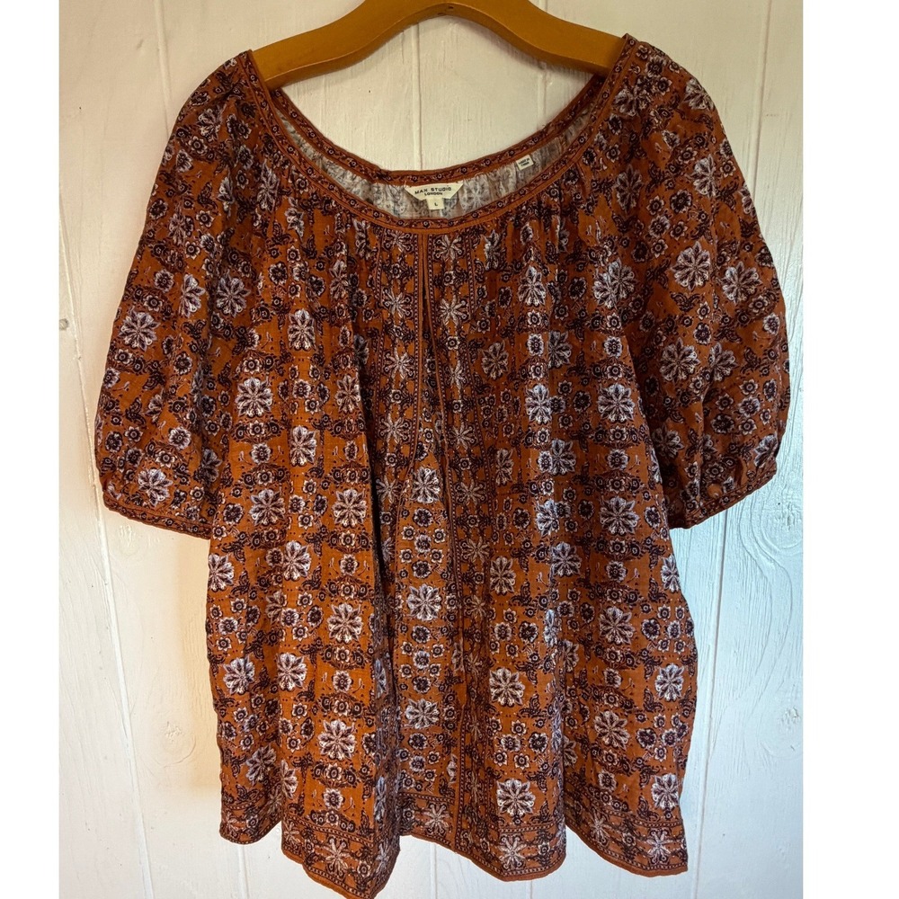 Max Studio Rust Floral Medallion Blouse Cotton Blend Women L  Excellent